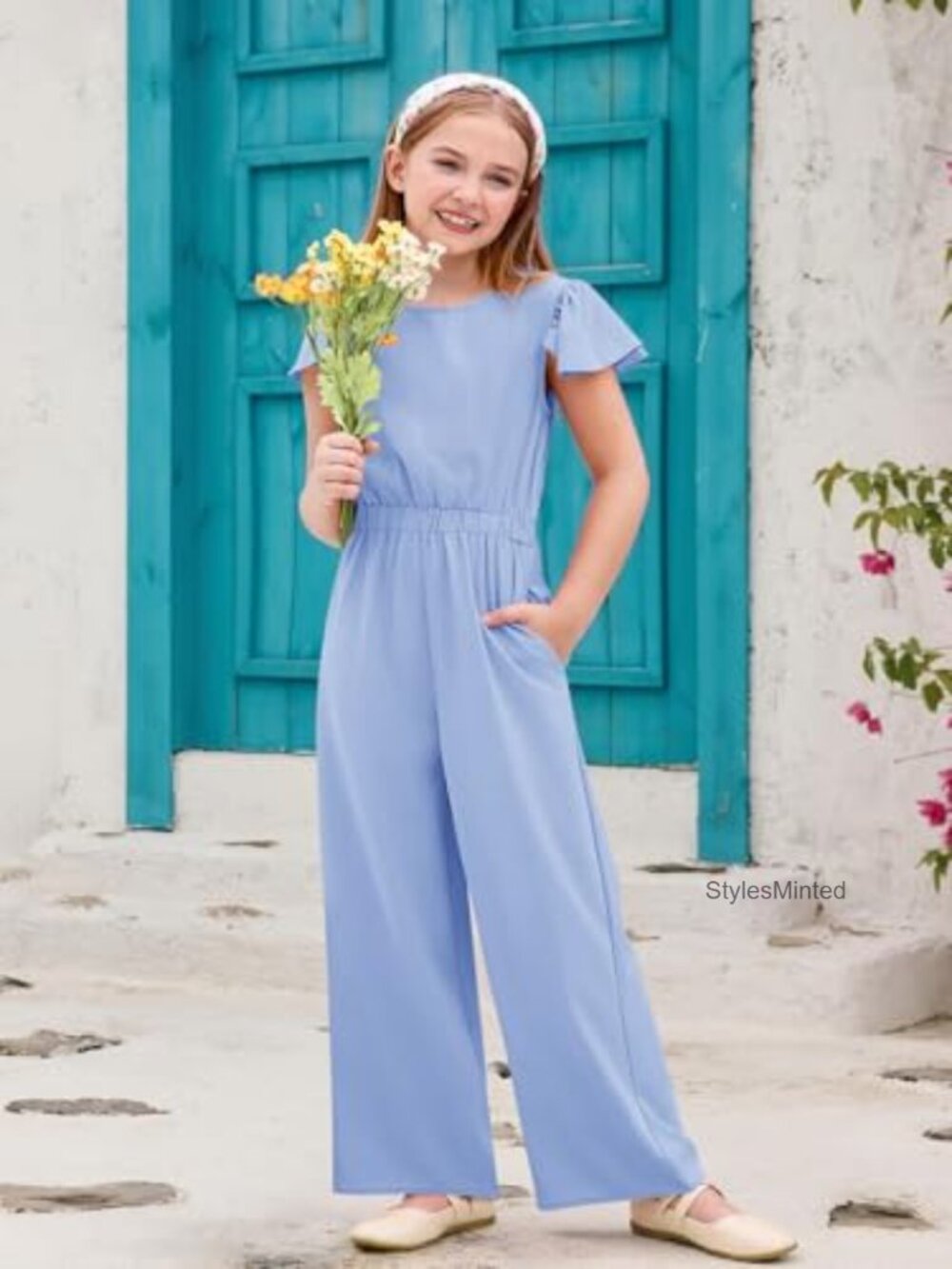 Girls Ruffle Cap Sleeve Wide Leg Jumpsuit Romper with Pockets - Picture 5 of 7